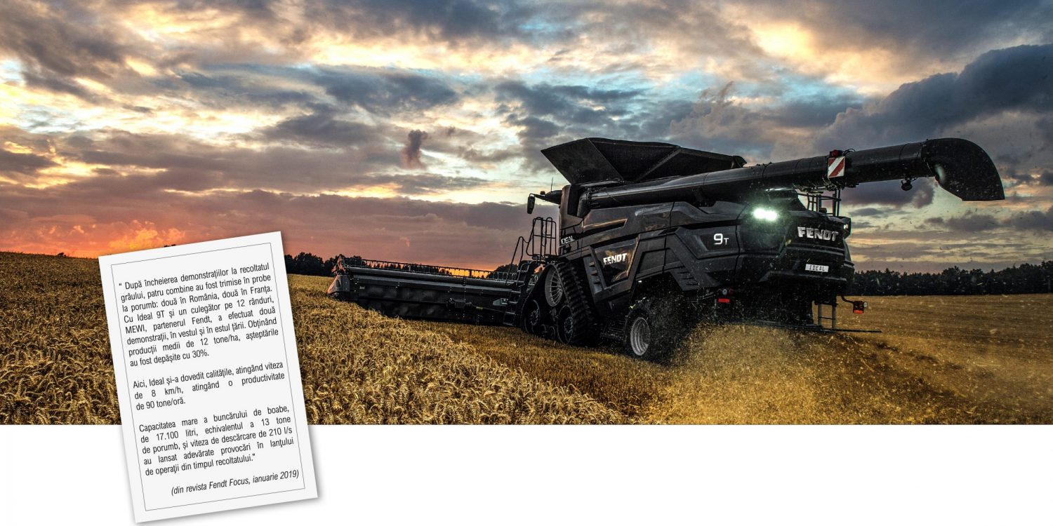 Combina Fendt Ideal in functiune pe camp de grau, extras articol din revista Fendt Focus